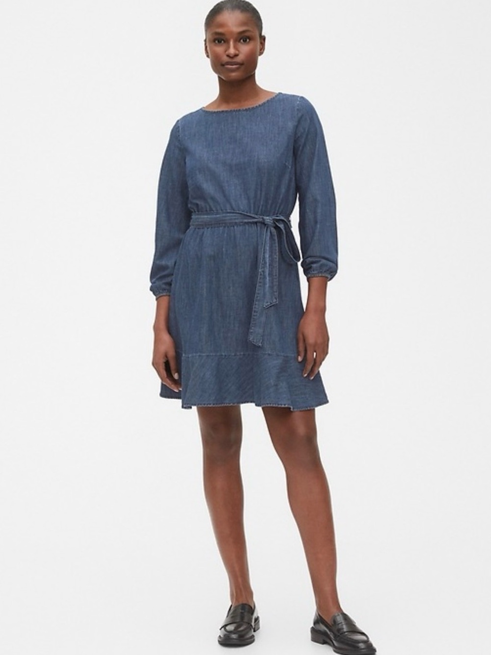 GAP Denim Cotton Tie-Waist Mini Dress Ruffle Hem 10 Tall